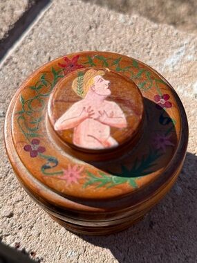 Vintage Hand-Painted Art Nouveau Wooden Trinket Box | Segmented Wood Box